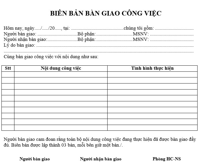 Mẫu biên bản bàn giao công việc