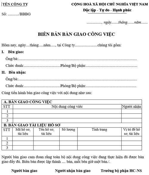 Mẫu biên bản bàn giao công việc mới