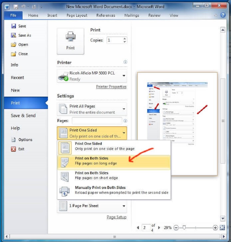 Các thao tác thực hiện thông qua giao diện Print để In 2 mặt trong Excel 2010