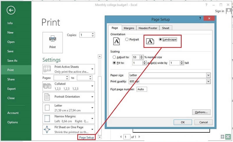Các thao tác thực hiện thông qua giao diện Print để In 2 mặt trong Excel 2010