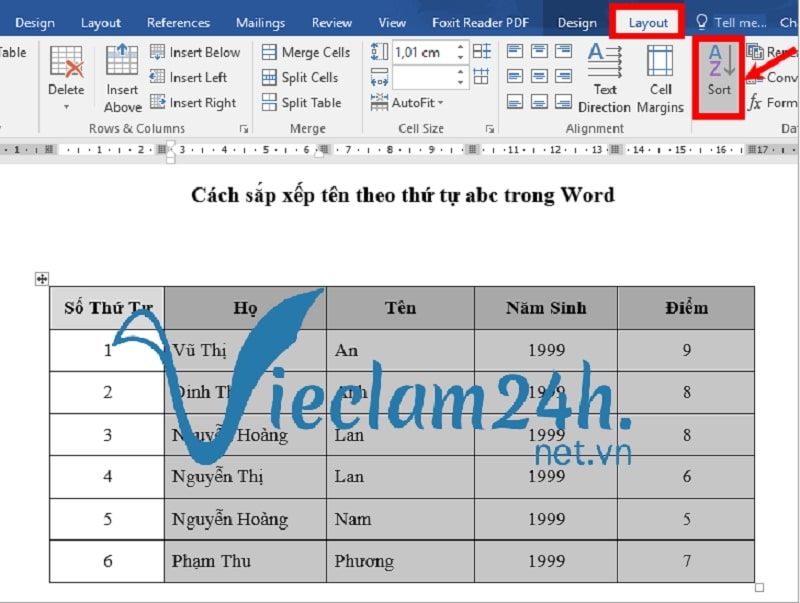 Cách sắp xếp danh sách theo ký tự abc trong Word 2010