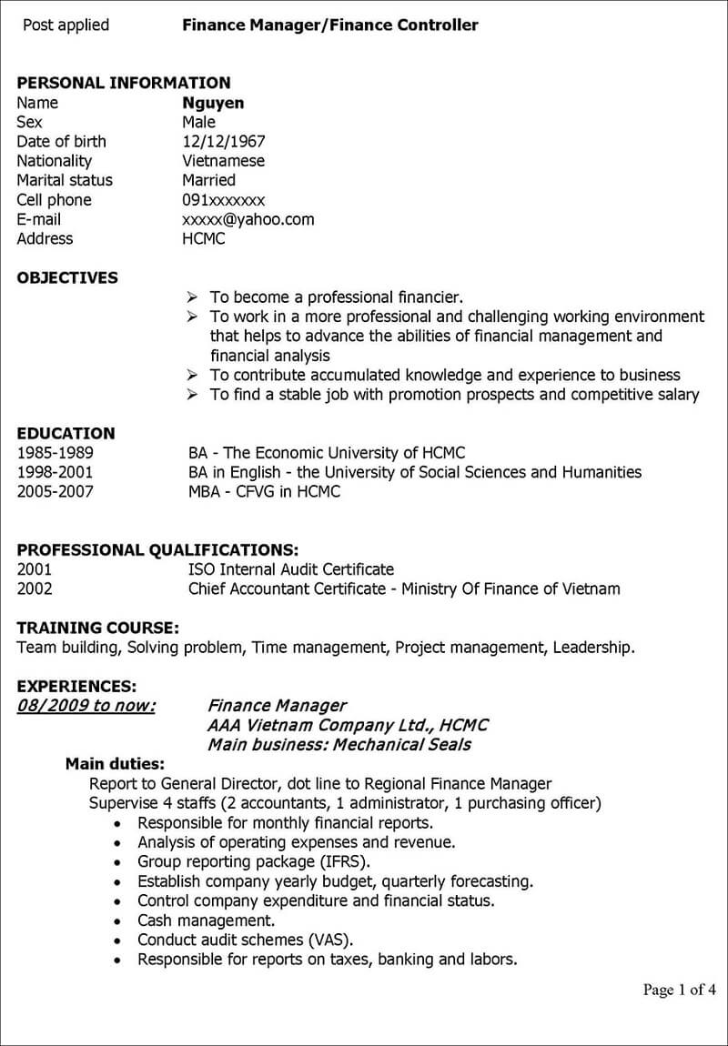 Tuân thủ cấu trúc nhất quán của CV kế toán tổng hợp bằng tiếng anh