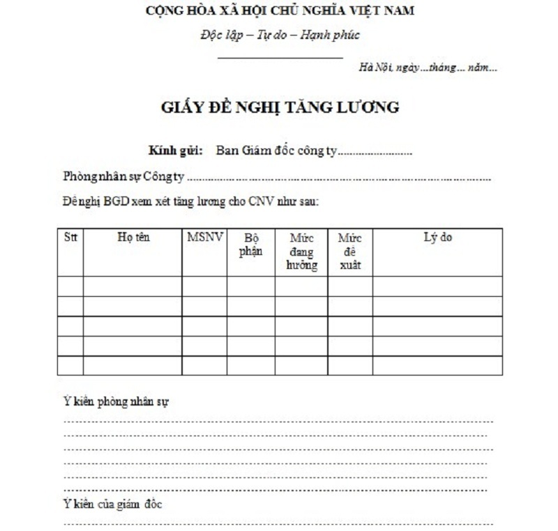 đề xuất tăng lương của phòng nhân sự