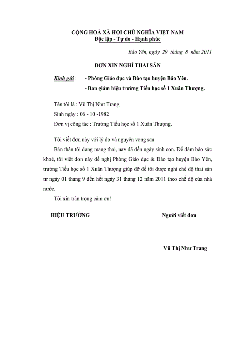 đơn xin nghỉ thai sản theo ngành nghề