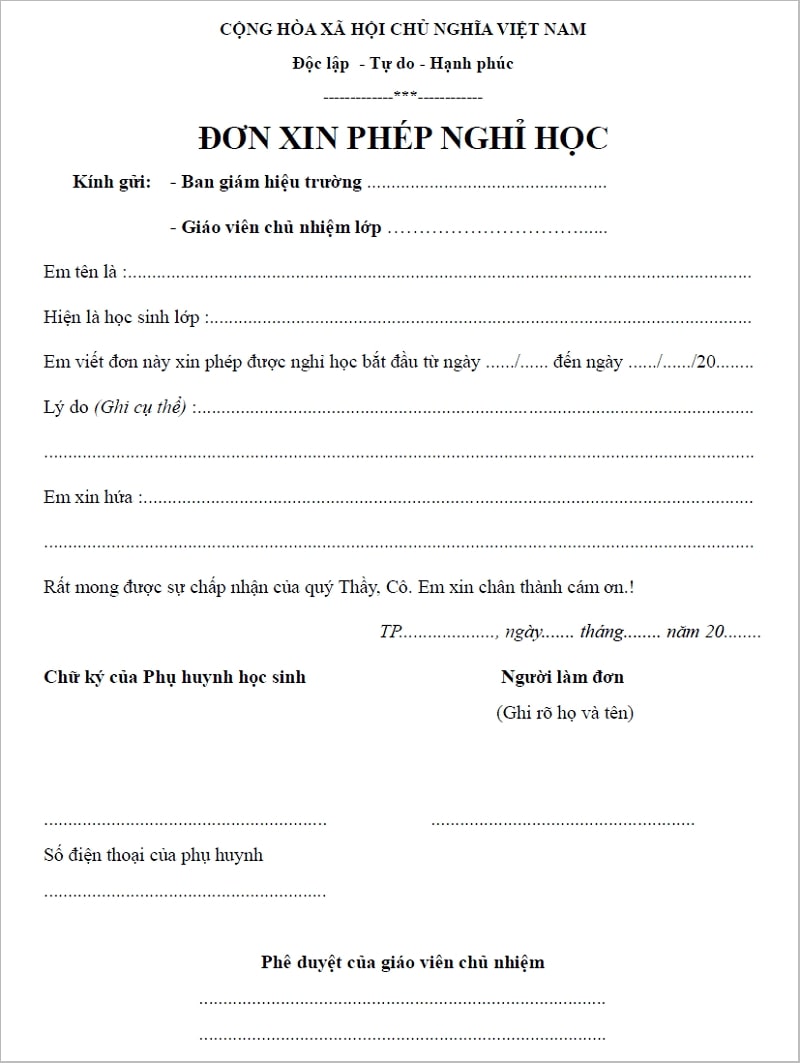 Đơn xin nghỉ học thuyết phục nhất