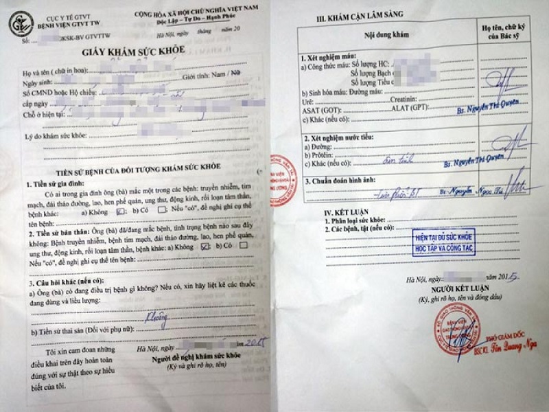 thông tin cần có trong giấy khám sức khỏe