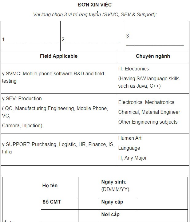 Đơn xin việc công ty Samsung Thái Nguyên