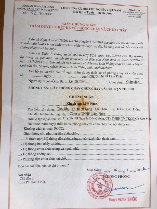 Giấy chứng nhận an toàn phòng cháy chữa cháy