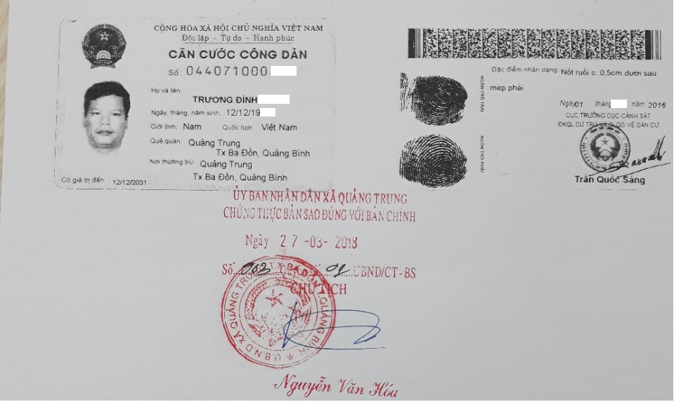 Bản photo chứng minh thư công dân, căn cước công dân
