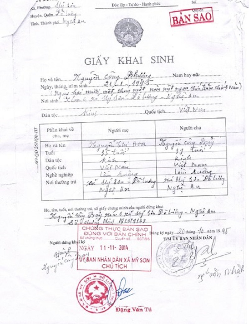 Bản photo giấy khai sinh