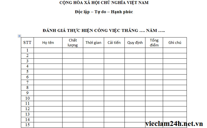 Bảng đánh giá công việc cá nhân - Mẫu 2