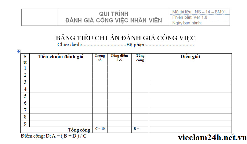 Bảng đánh giá công việc cá nhân - Mẫu 3