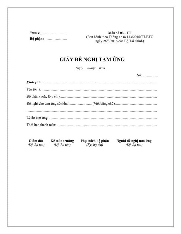 mẫu đề nghị tạm ứng thông tư 200