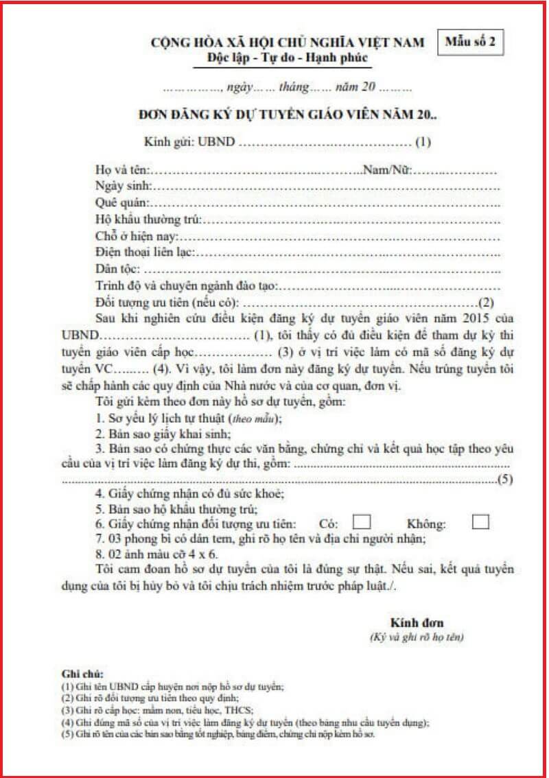 Đơn xin xét tuyển giáo viên tiếng Anh