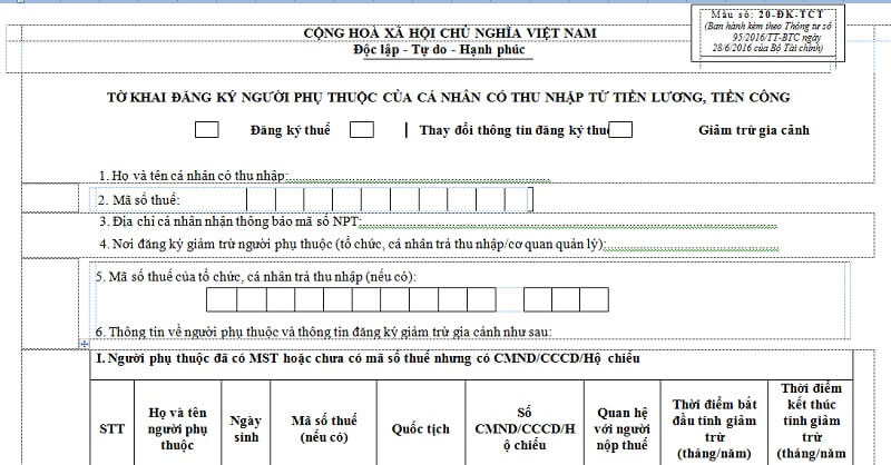 ​Mẫu đơn tờ khai đăng ký người phụ thuộc ​