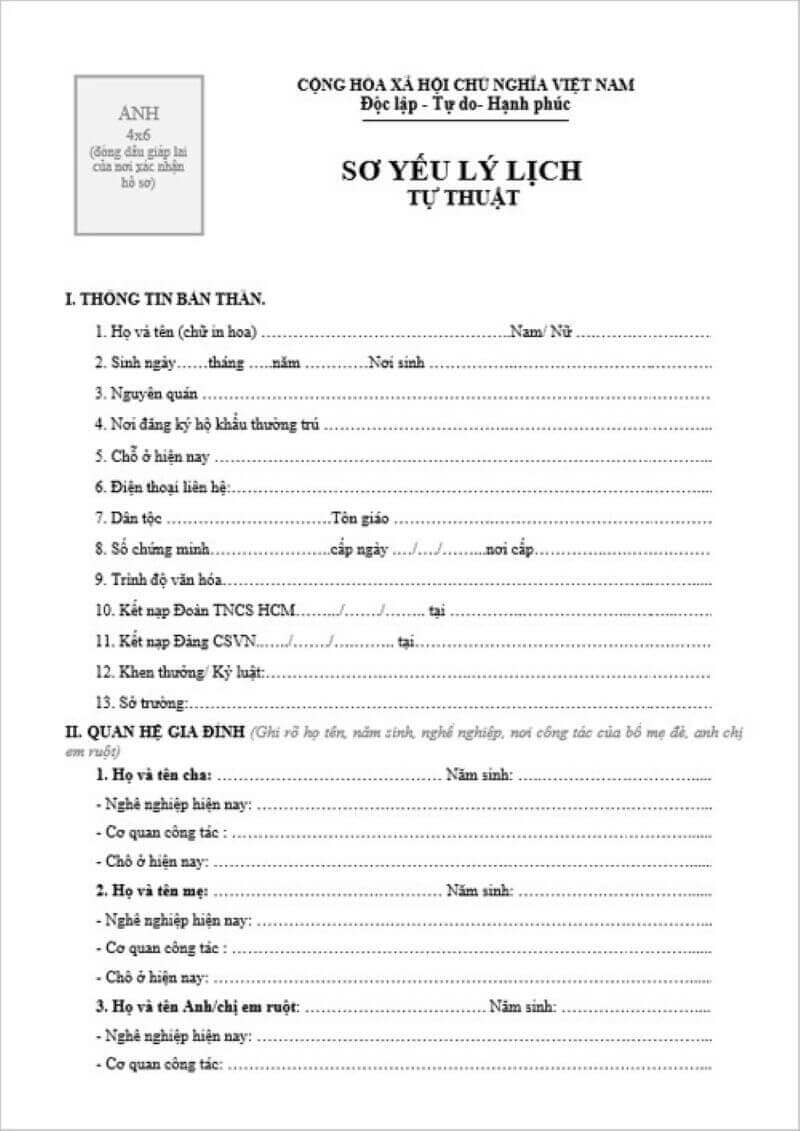 mẫu đơn sơ yếu lí lịch trong hồ sơ xin việc vào Điện Máy Xanh