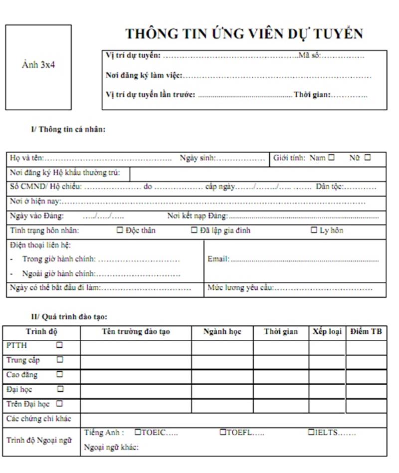 Mẫu CV xin việc file Excel được trình bày theo cột và bảng biểu