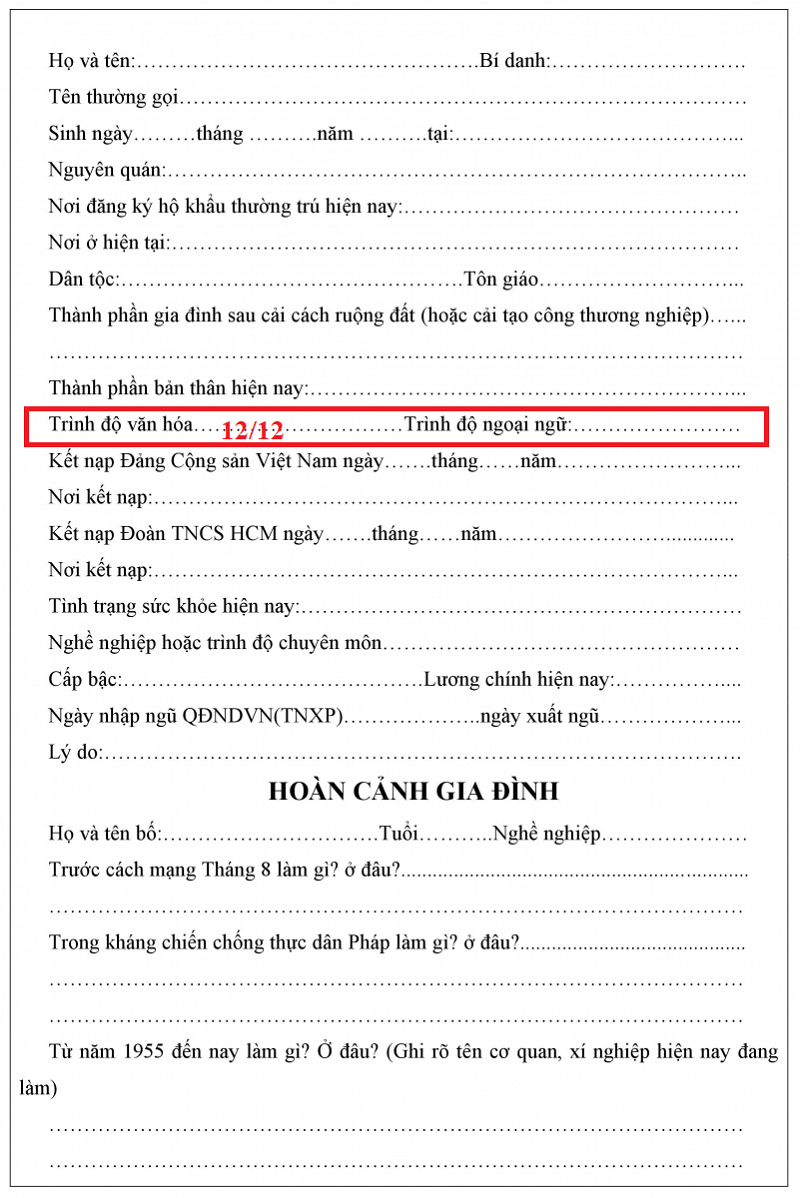 Cách ghi trình độ văn hóa trong sơ yếu lý lịch